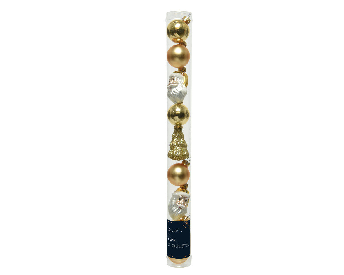 Kerstornamentenset in buis met goudkleurige ballen en figuurhangertjes.
