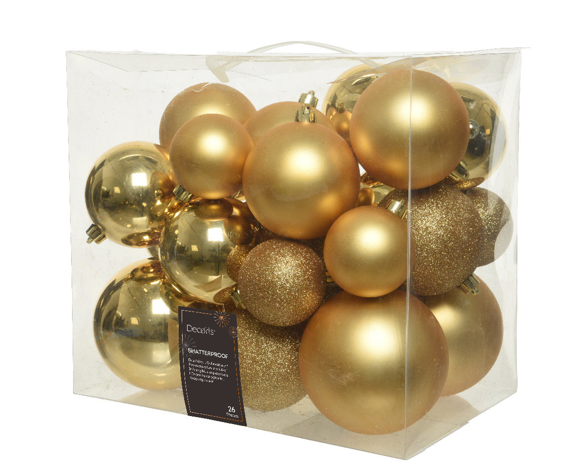 Kerstballen kunststof in goud: glanzend, mat en glitter, in transparante doos