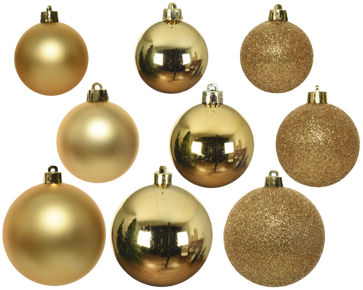 Kerstballen kunststof goud: glanzend, mat en glitter, met ophanglussen