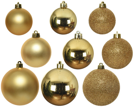 Kerstballen kunststof goud shiny, matt, glitter mix