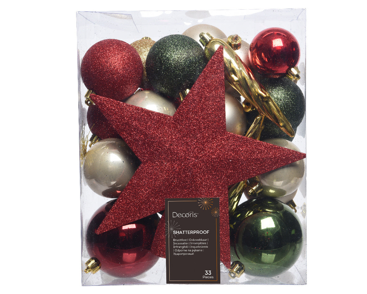 Kunststof kerstballen en sterren mix, glanzend en mat met glitter, in transparante verpakking