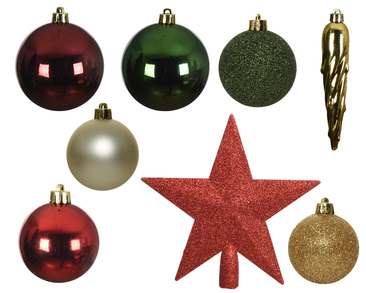 Kunststof kerstdecoratieset met rode en groene kerstballen en een rode glitterster