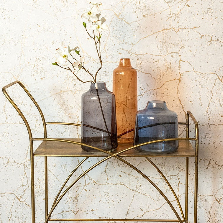 Glazen flessen en vaasjes op metalen standaard, incl. donkerblauw