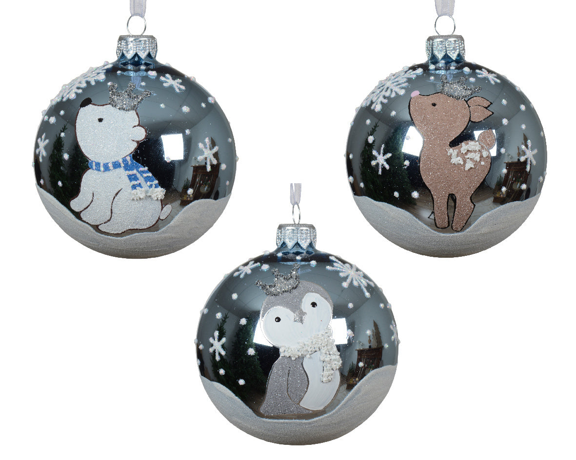 Set kerstballen van glas, donkergrijs met witte dieren