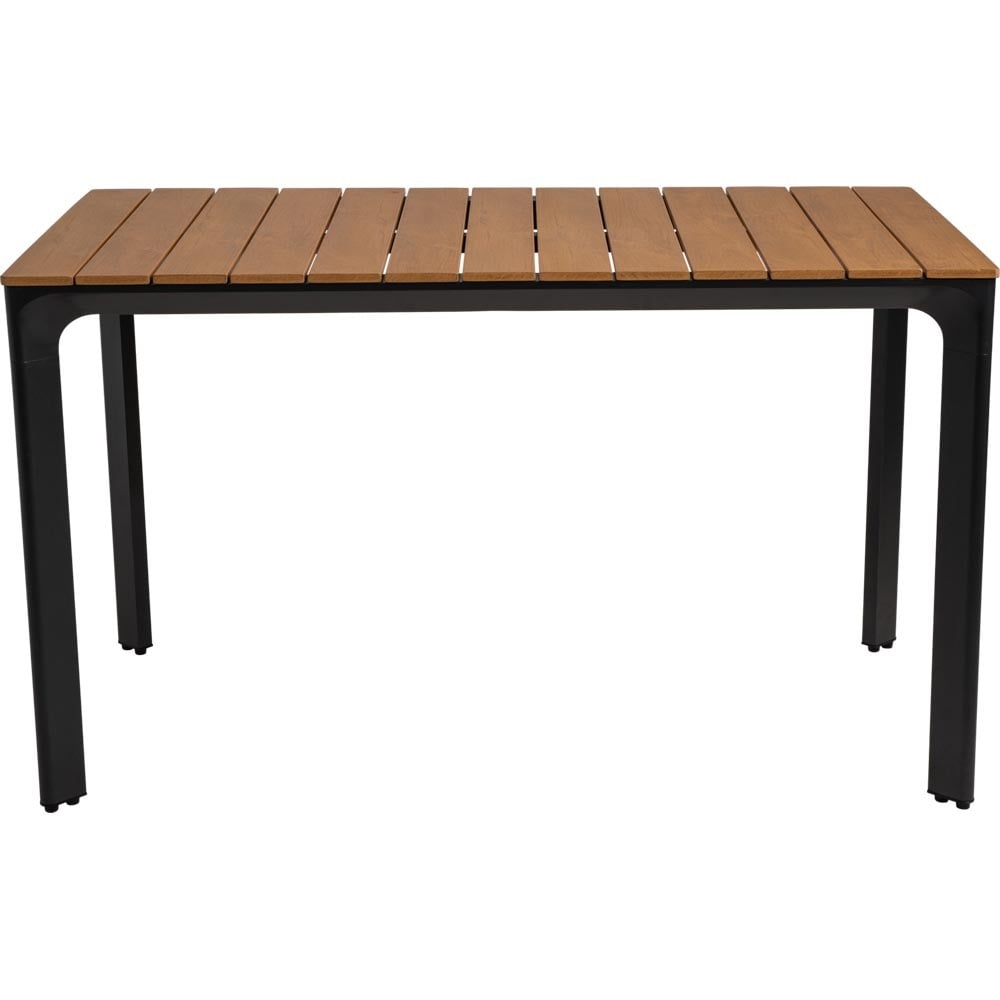 Rechthoekige buitentafel 130x90 cm met polywood lamellenblad en zwarte poten.