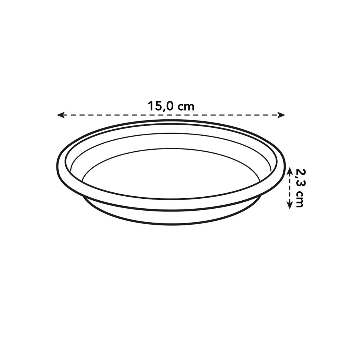 Elho ronde schotel, diameter 15 cm en hoogte 2,3 cm (tekening)