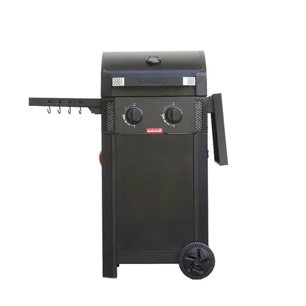 Zwart gasbarbecue met zijplank en ophanghaken links