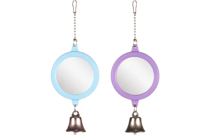 Ronde vogelspiegel met bel, blauw en paars, met hangkoord en spiegelglas