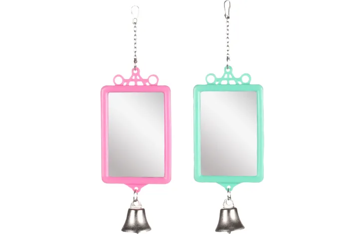 Set vogelkooi-spiegels met vierkant frame en belletjes (roze en mint)
