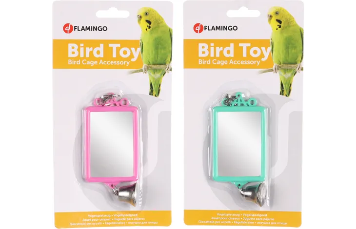 Verpakking van vogelkooi-accessoire: vierkante spiegel met roze of mint frame