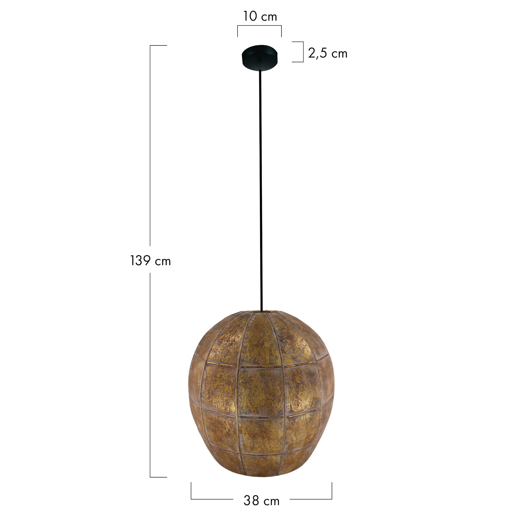 Hanglamp metaal met bolvormige metalen kap en zwarte ophangkabel, zwart plafondplaatje.