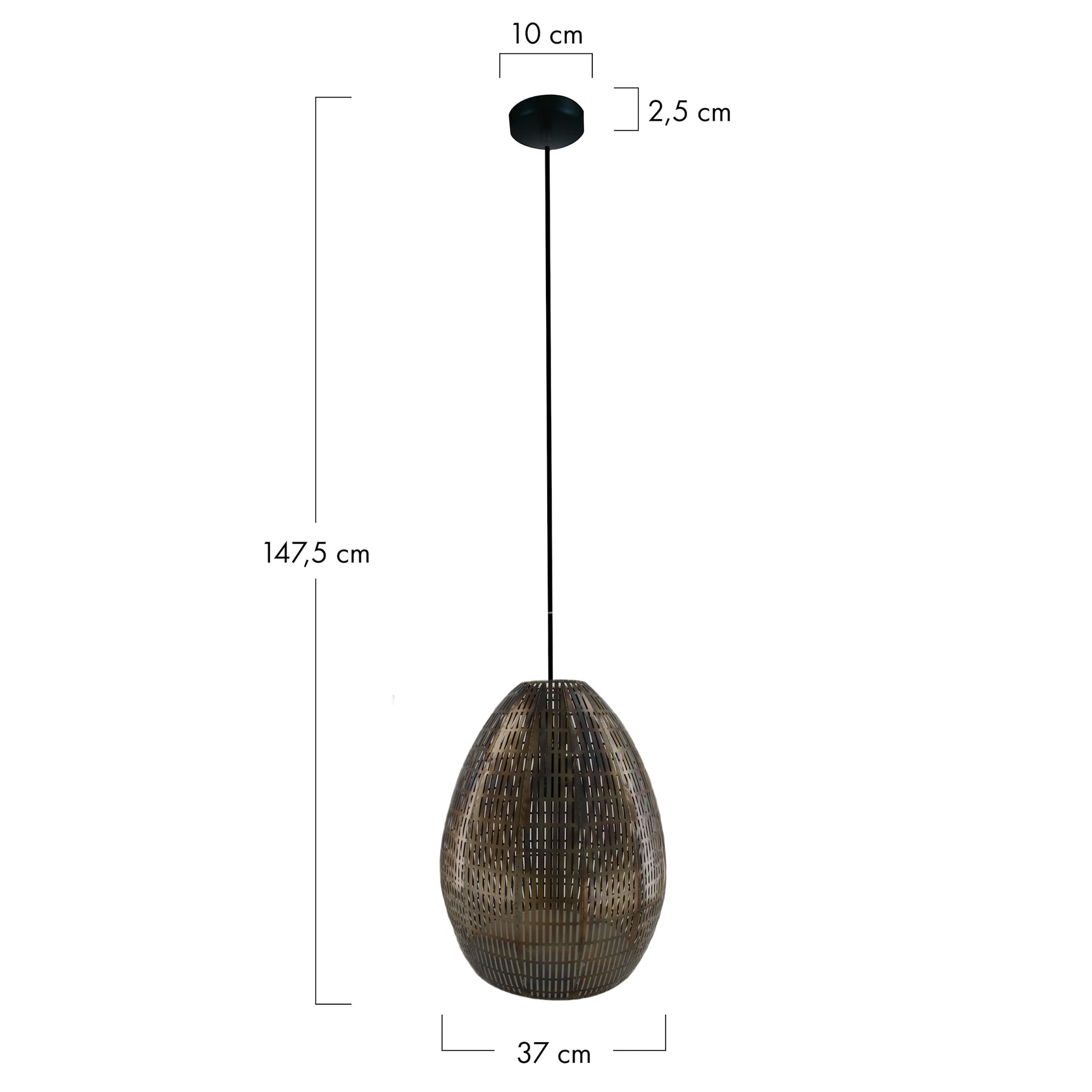 Hanglamp metaal met zwarte plafondkap en traanvormige metalen gaaskap, 37 cm
