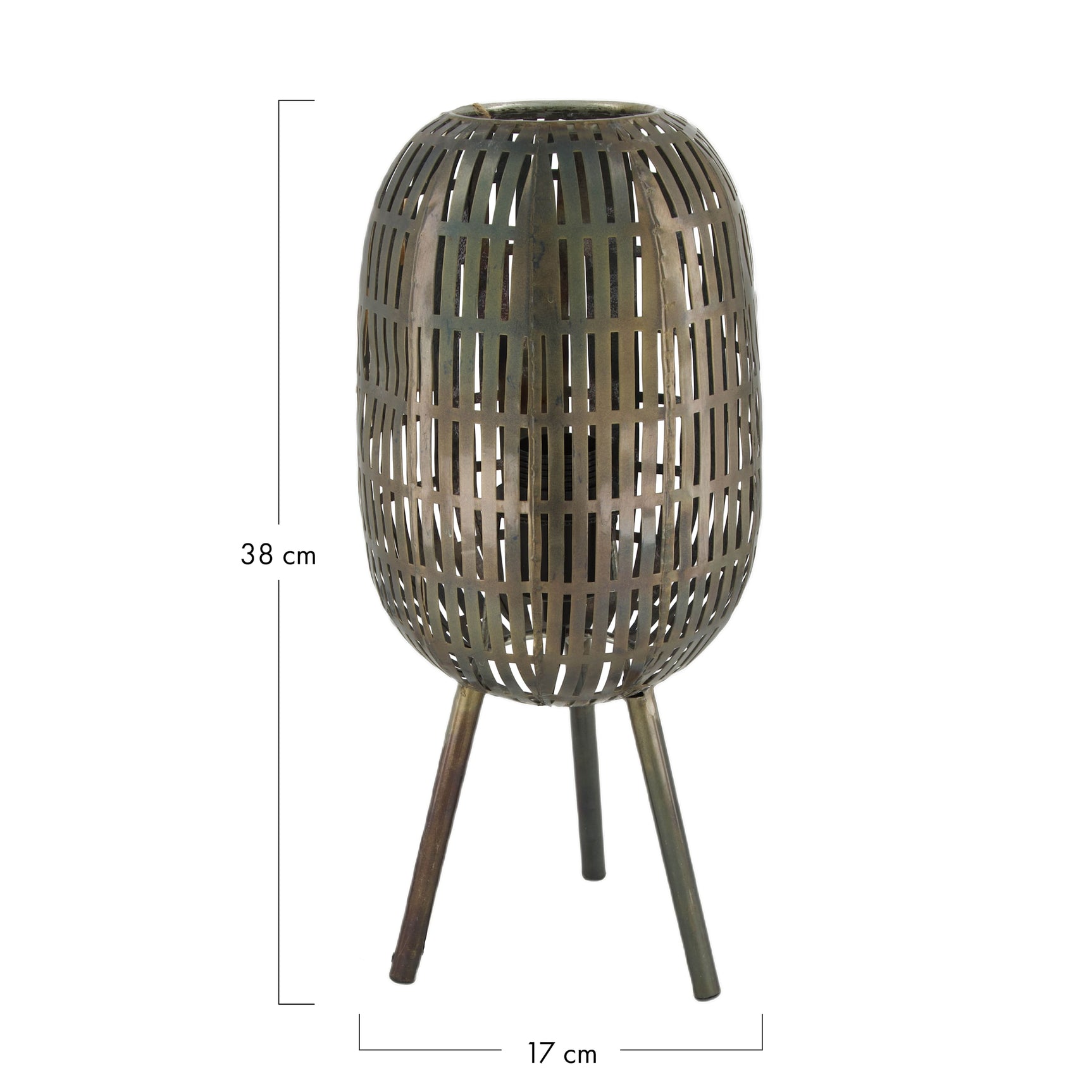 Tafellamp van metaal met cilindrische kooikap en driepootstaanders, 17×17×38 cm