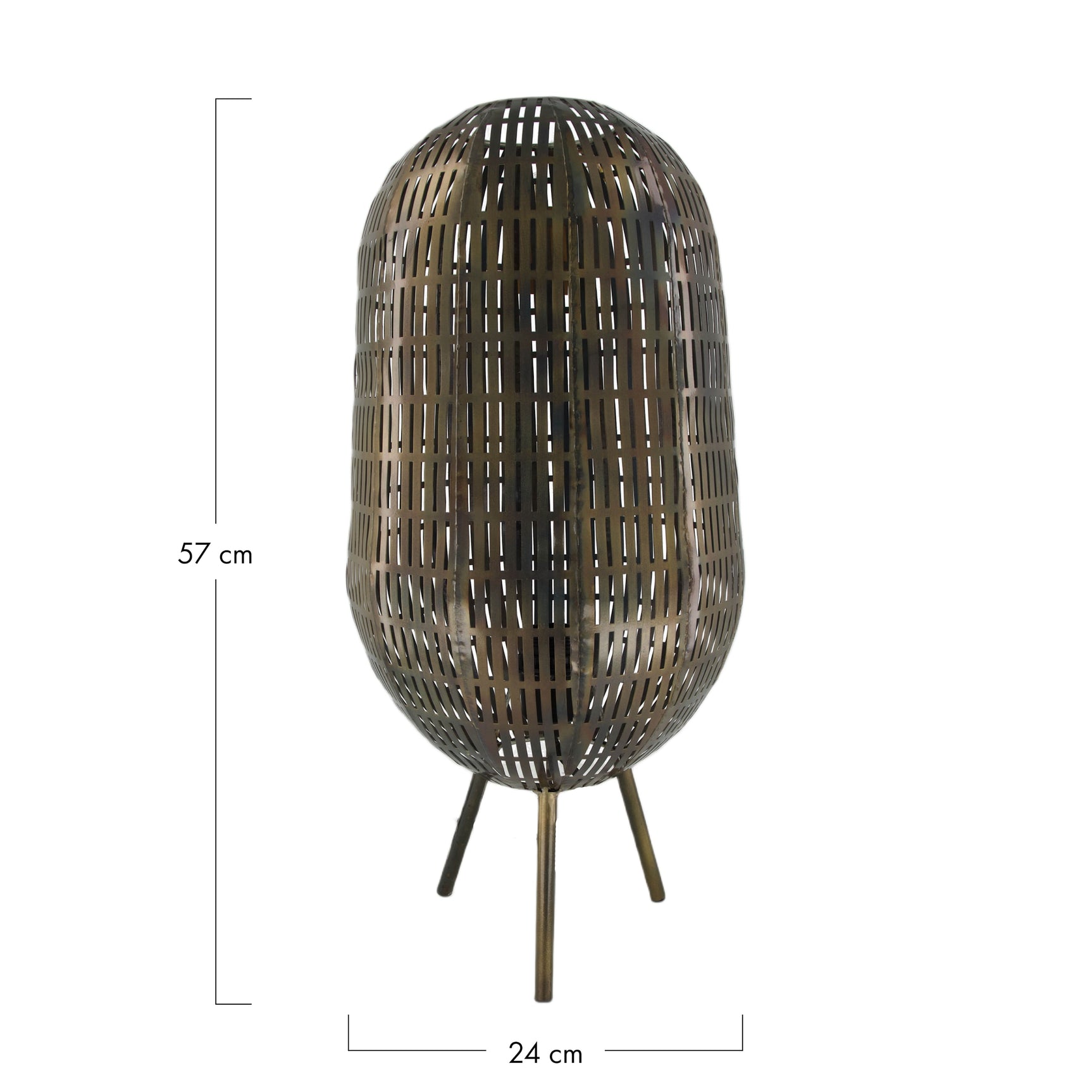 Metalen tafellamp met kooi-achtige kap en driepoot, ovaal frame