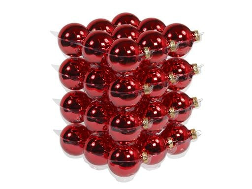 Set rode glanzende glazen kerstballen met haakjes