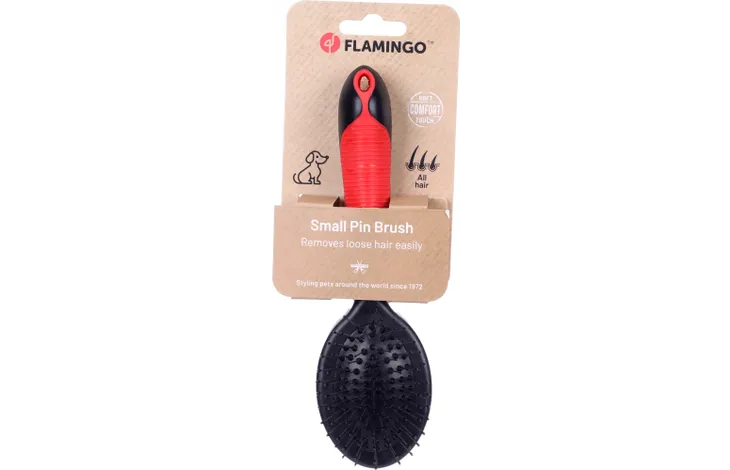 Flamingo pinborstel met rood handvat en zwarte borstelkop met pinnen