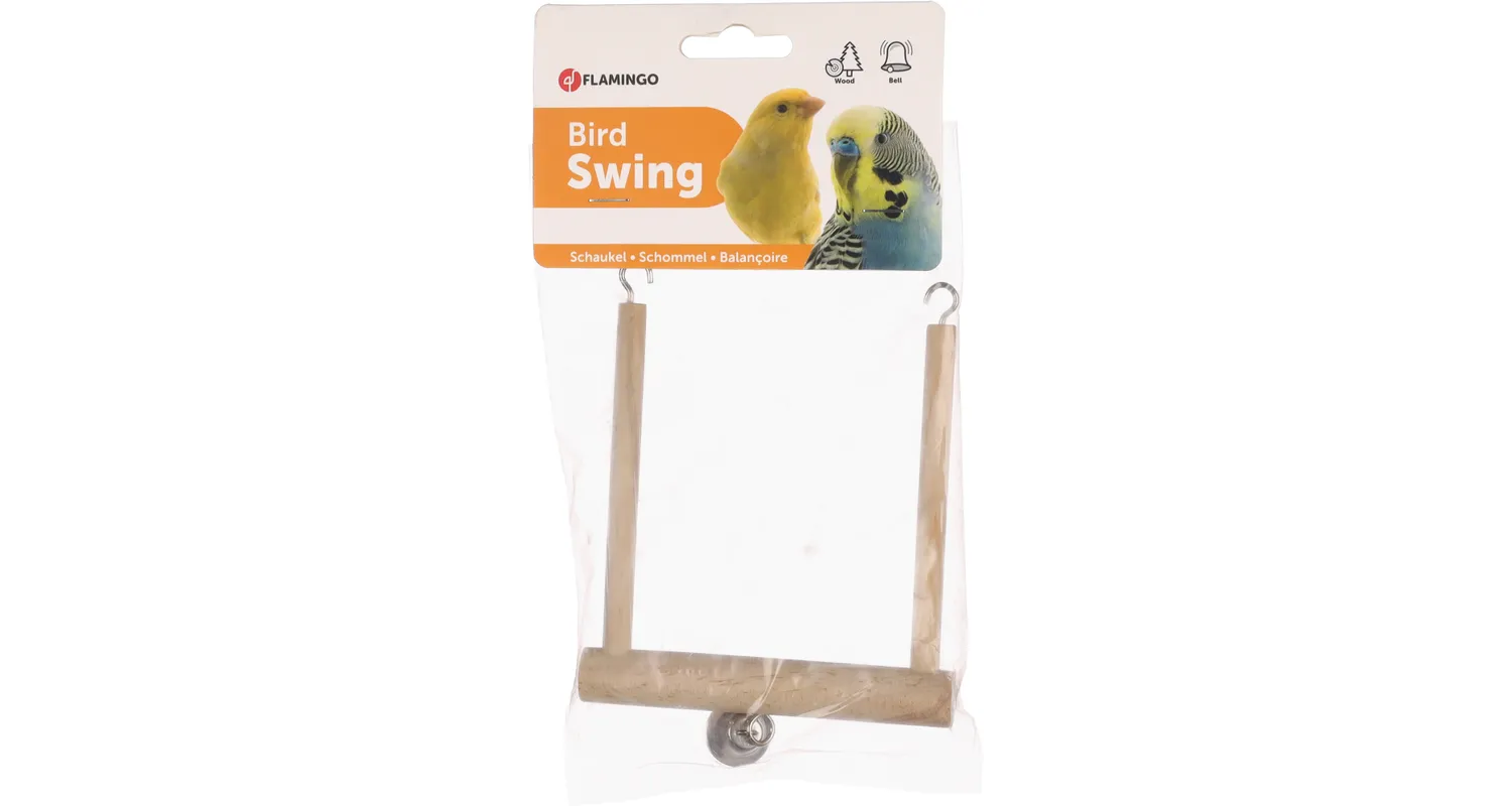 Houten vogel-schommel in verpakking met kettingen en bel