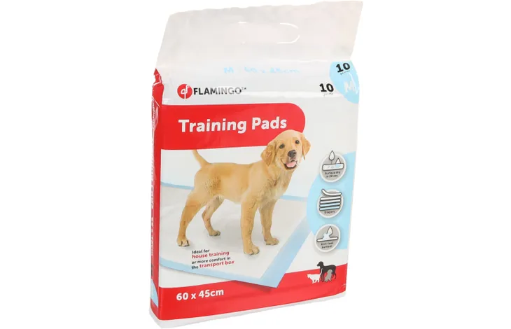 Trainingspads voor puppy’s, verpakking met hond en afmetingen 60×45 cm