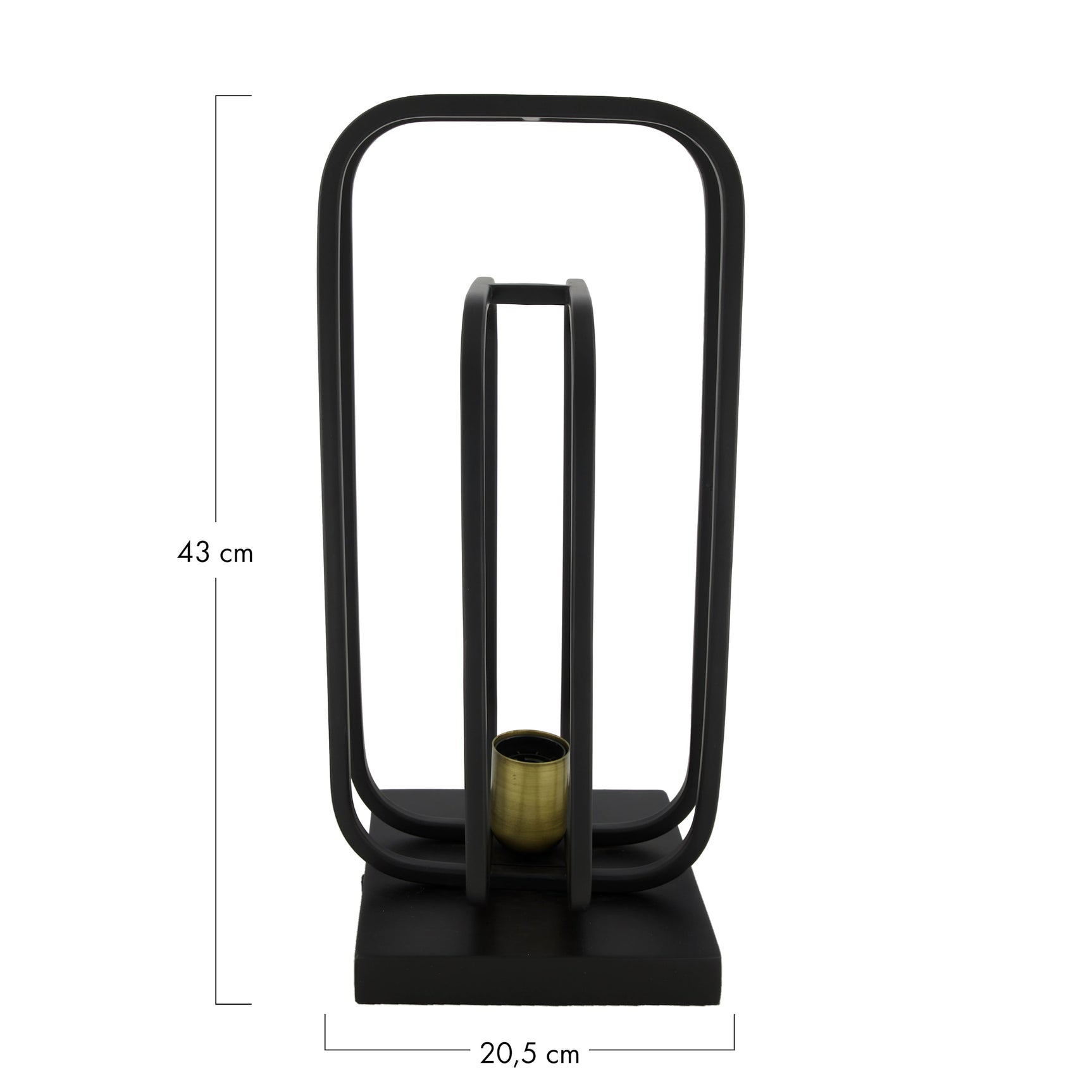 Zwarte metalen tafellamp met rechthoekig frame en ronde voet, met amberkleurige houder