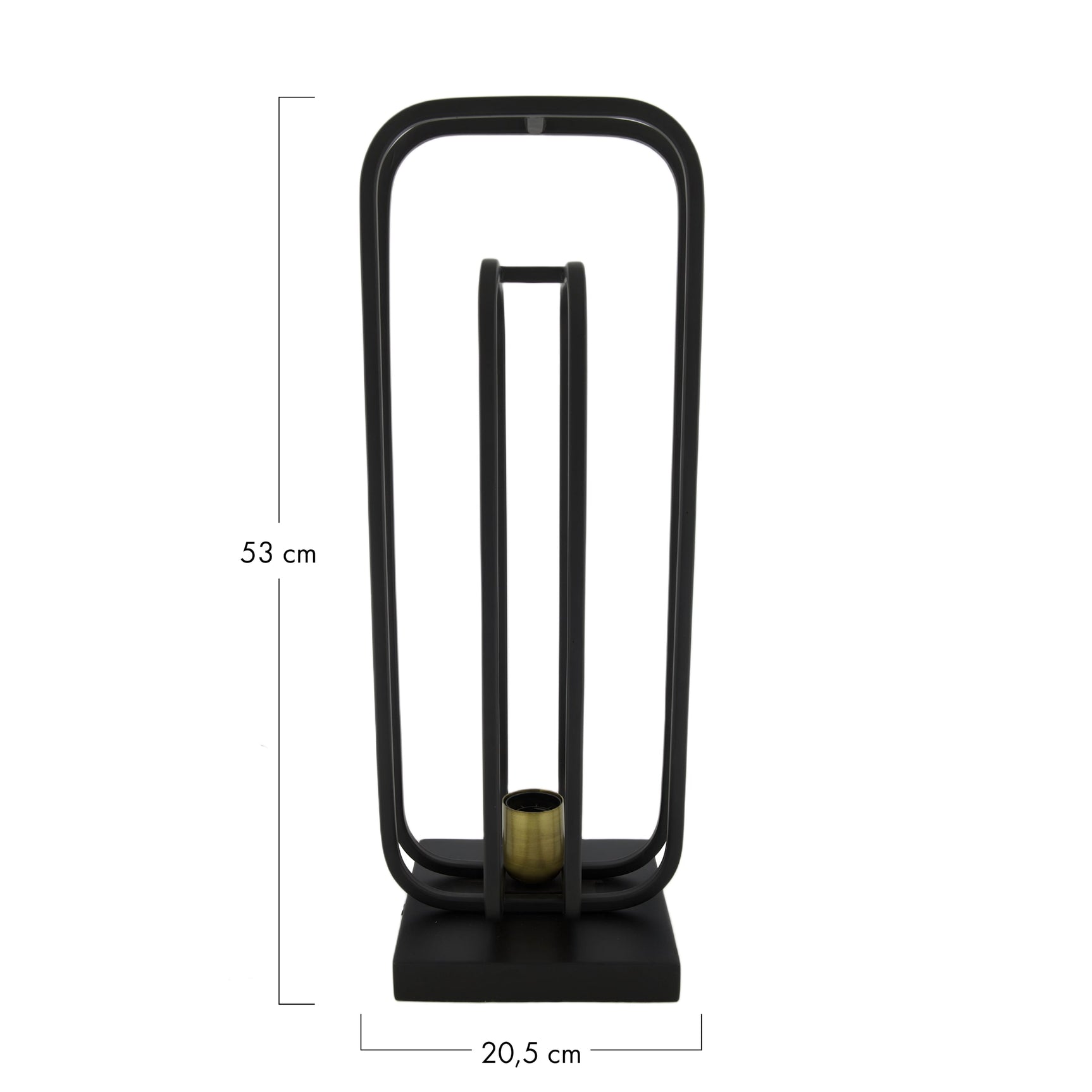 Zwarte metalen tafellamp met open rechthoekig frame en staande voet, 53 cm hoog.