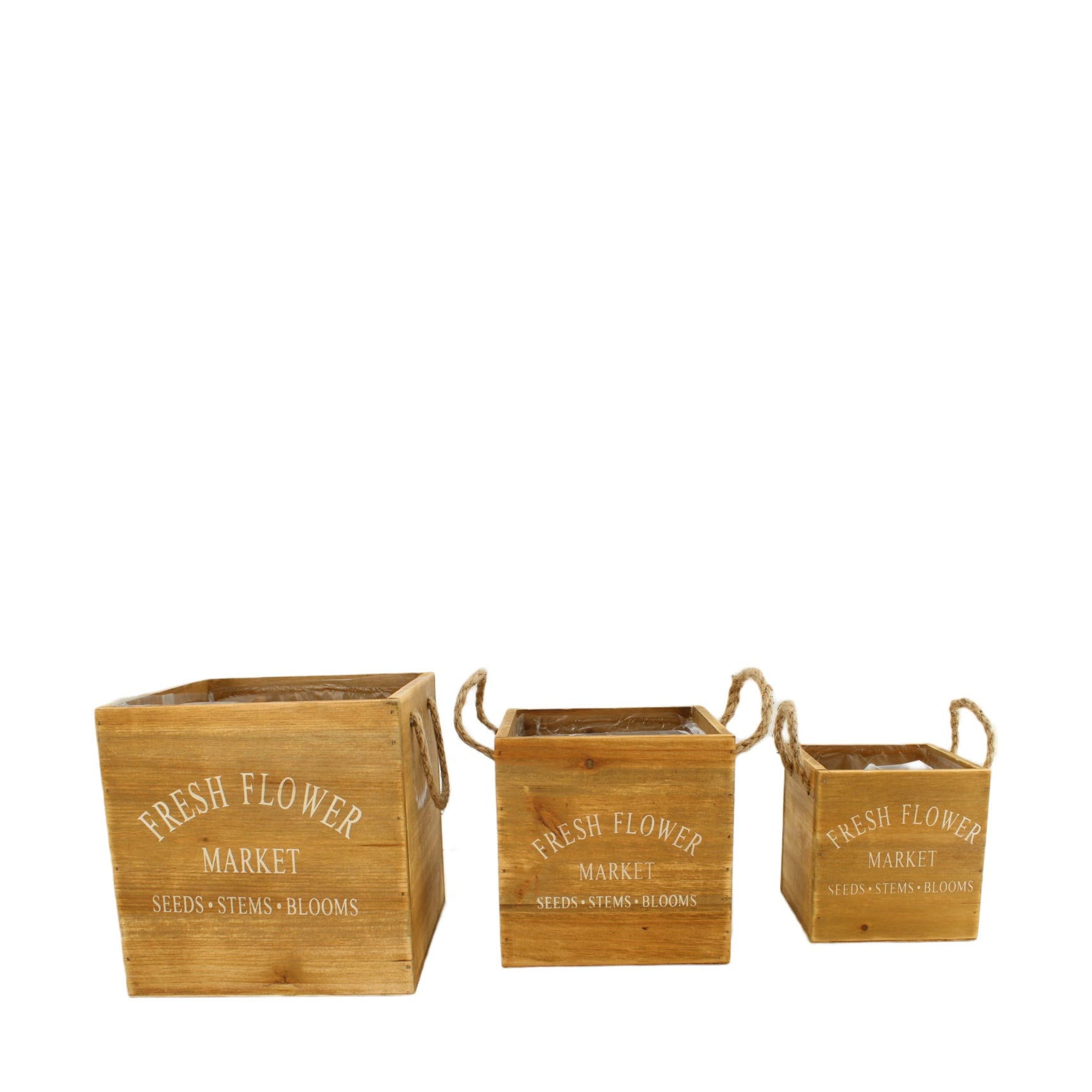 Set houten plantenbakken met handgrepen en 'Fresh Flower Market' opdruk.