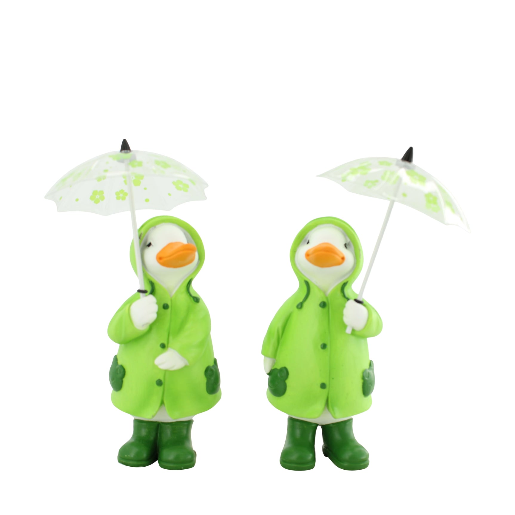 Groen eendenbeeldje van polyresin met paraplu en regenjas, staand