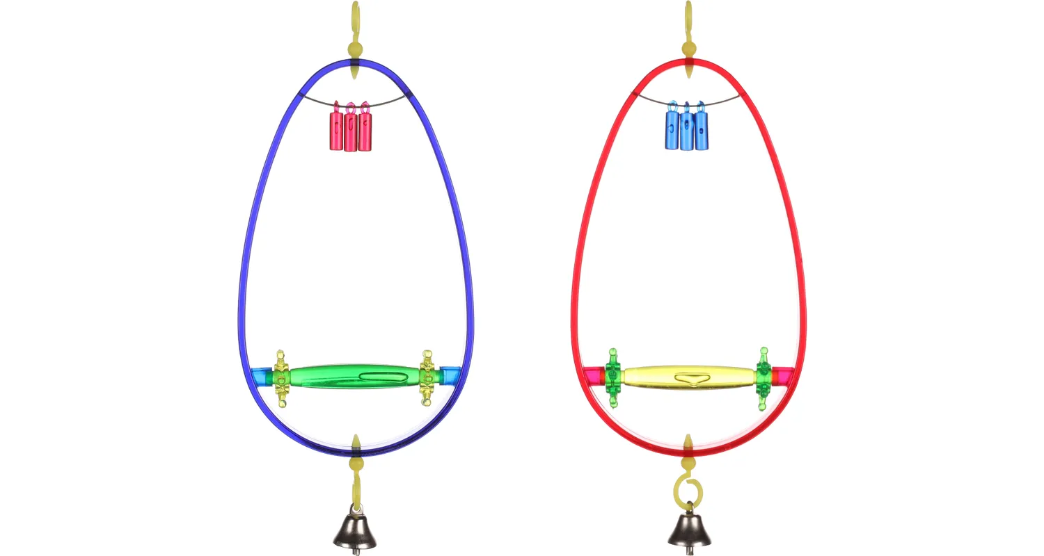 Set van 2 hangende druppelvormige schommels: blauw en rood, met gouden kettingen