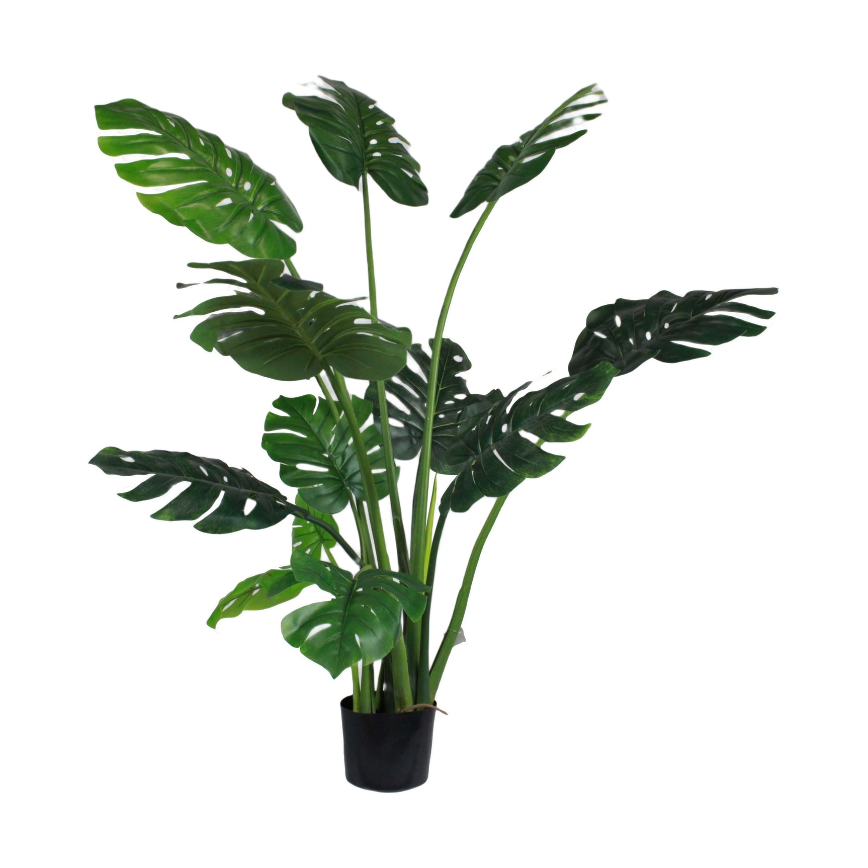 Kunstmonstera in zwarte pot met grote groene bladeren