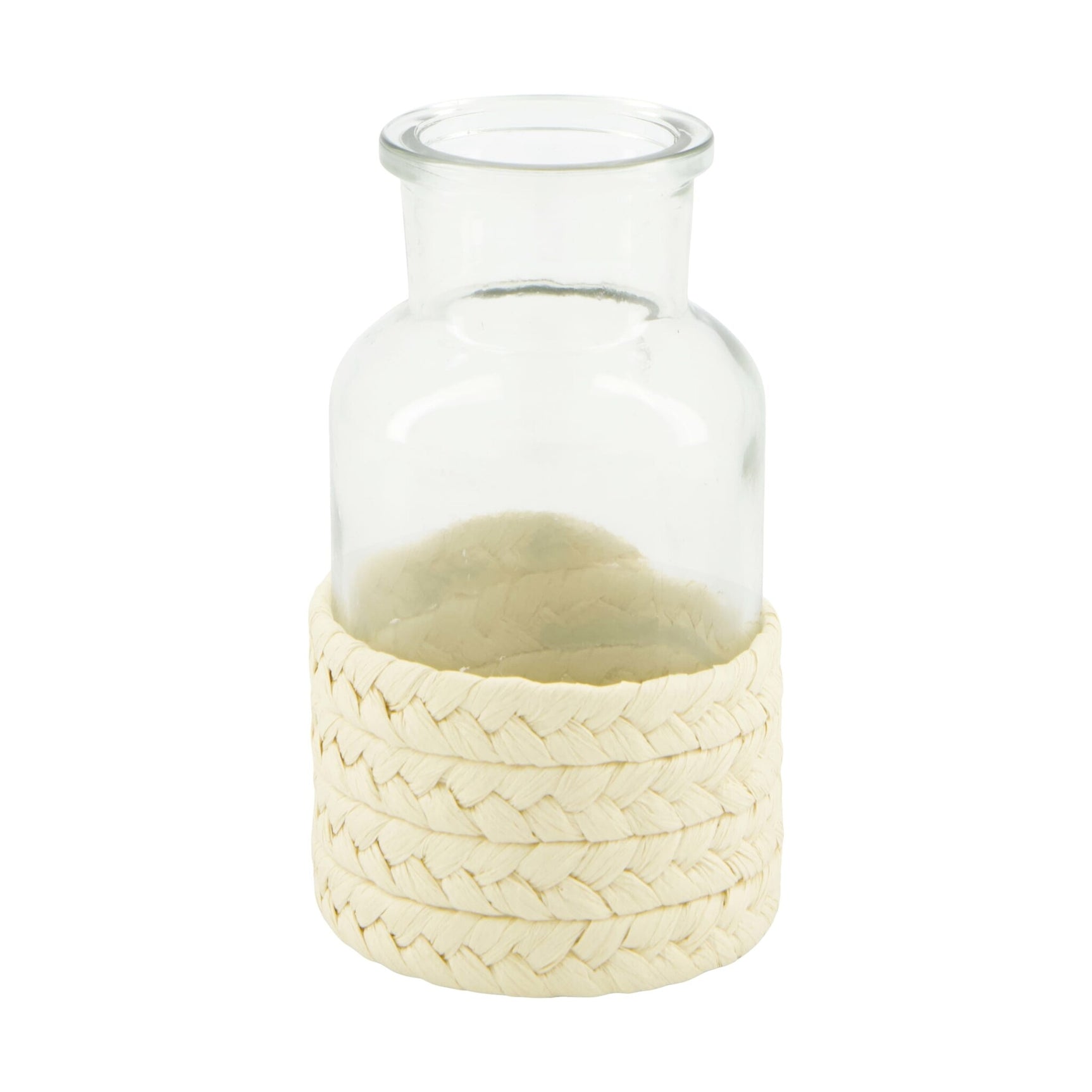 Glasfles met vlechtwerk omhulsel, 6,5×6,5×12 cm