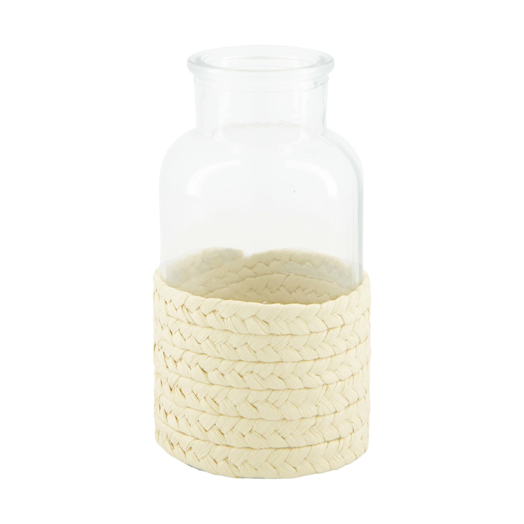 Glazen fles met beige gevlochten band, 8x8x16 cm