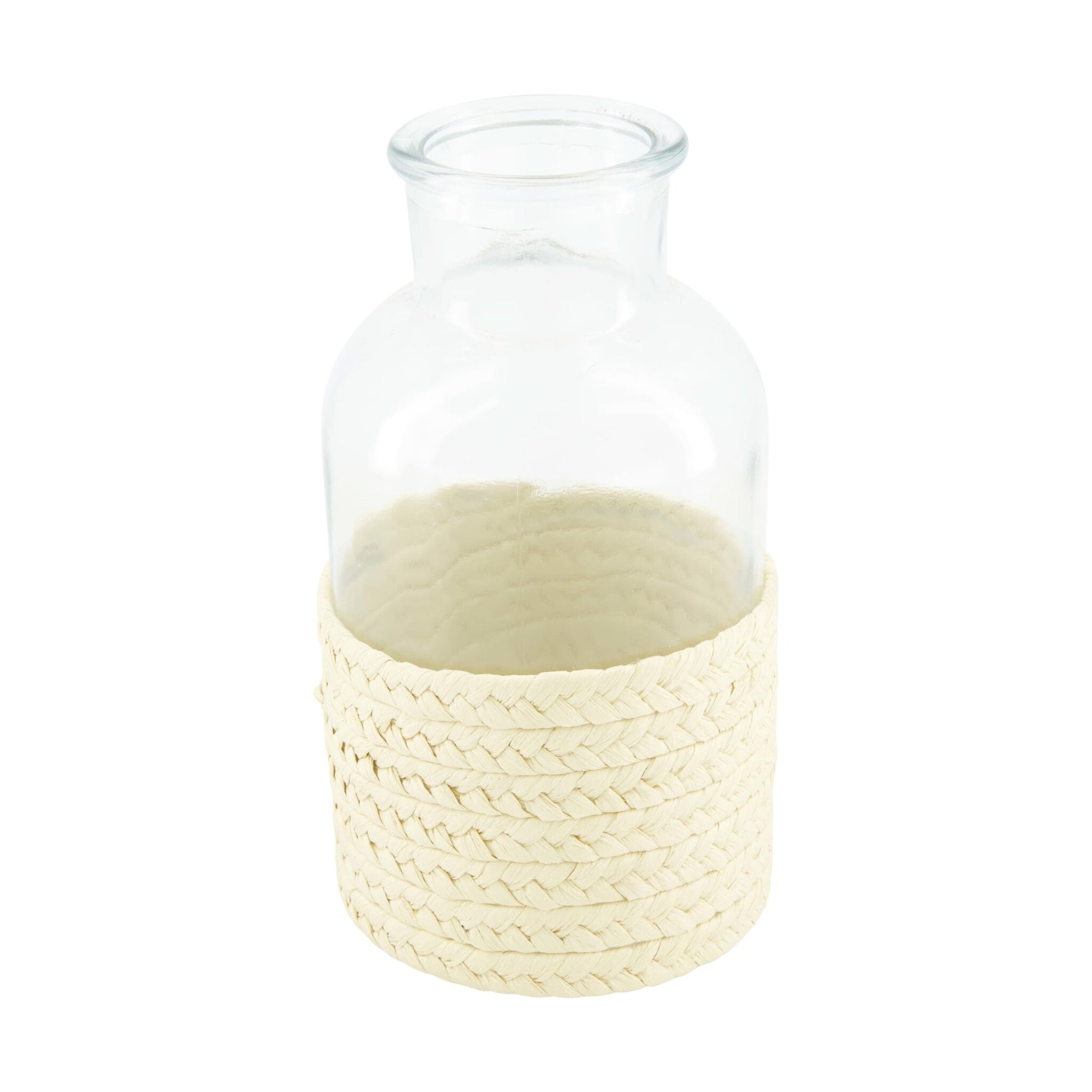 Glazen fles met beige gevlochten band, 10x10x20 cm