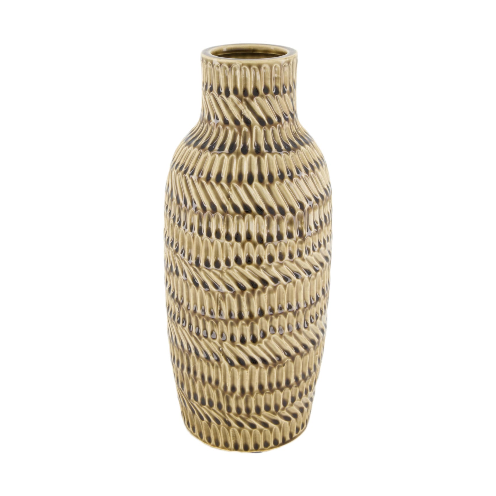 Keramieken vaas met reliëfstrepen, beige met donkere accenten