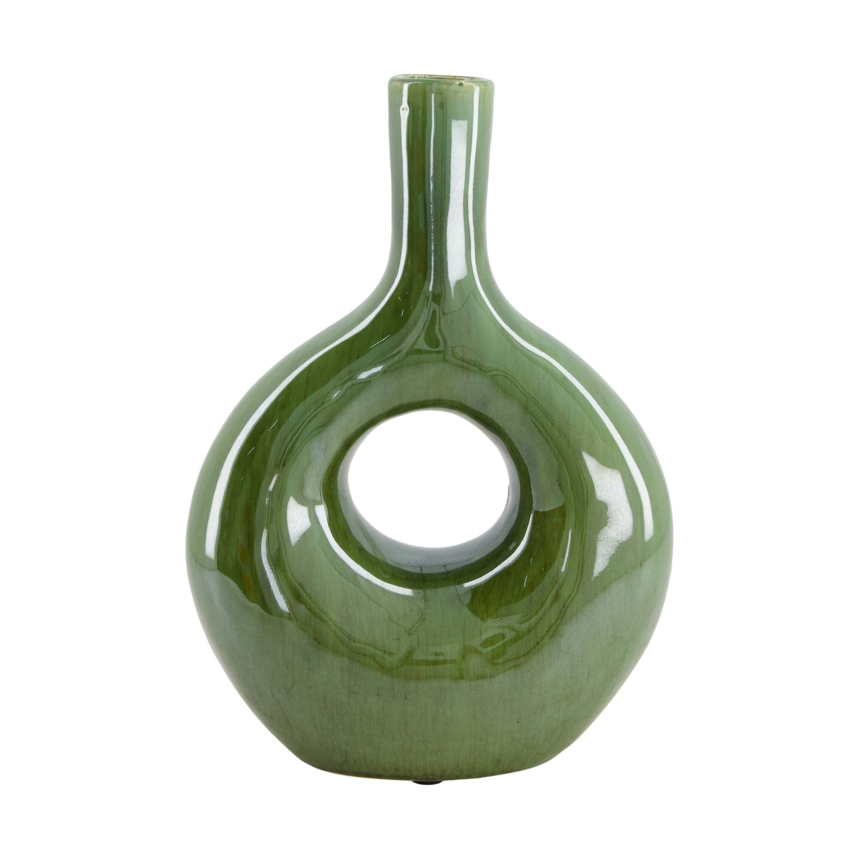 Groene keramische vaas met ronde buik en smalle hals, ronde opening aan de voorkant