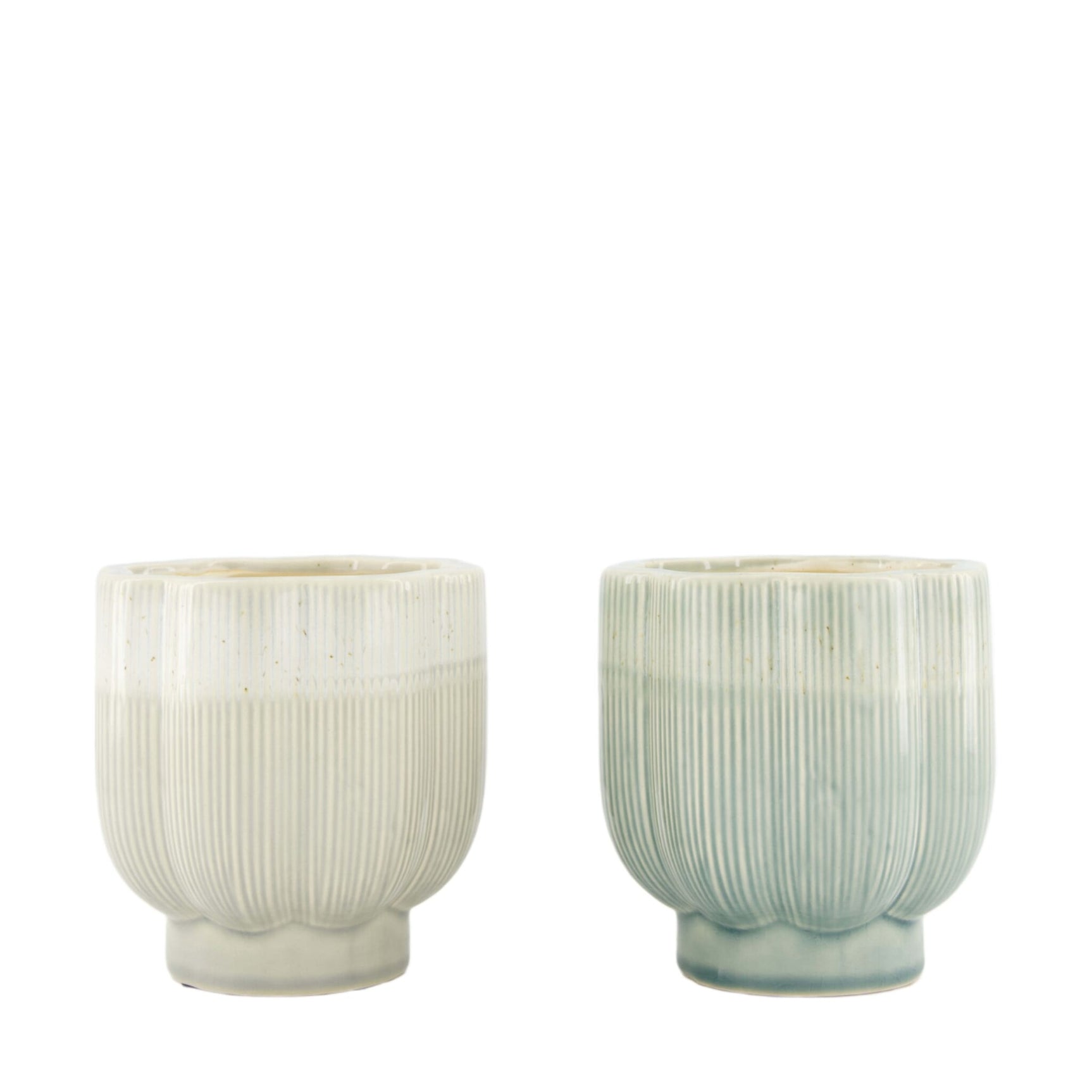 Keramische bloempotten (2 stuks) met geribbelde wand, crème en lichtblauw, 12,8 cm