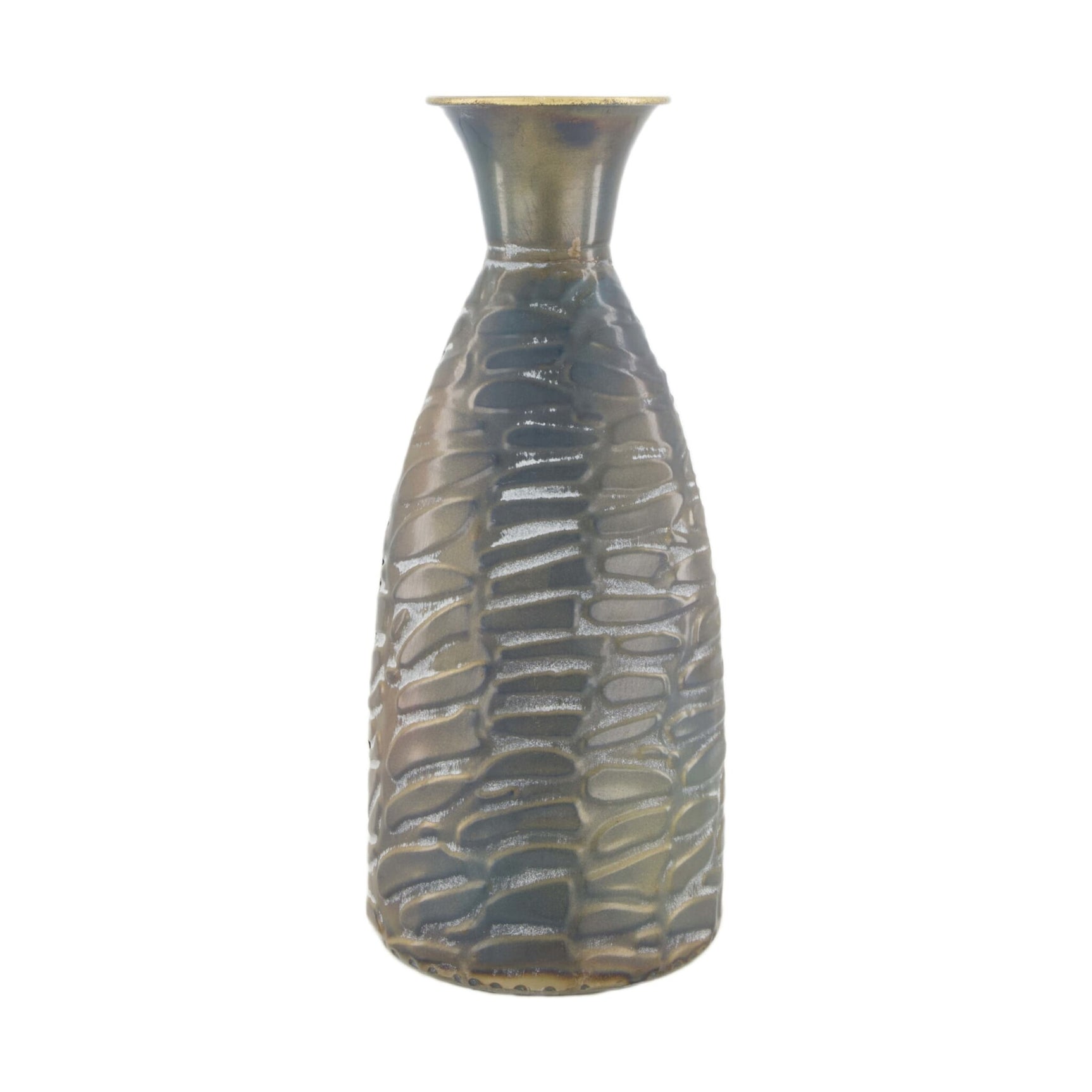 Metalen fles met ingesnoerde hals en geribbeld patroon, metaalkleurig, 14x14x32,5 cm