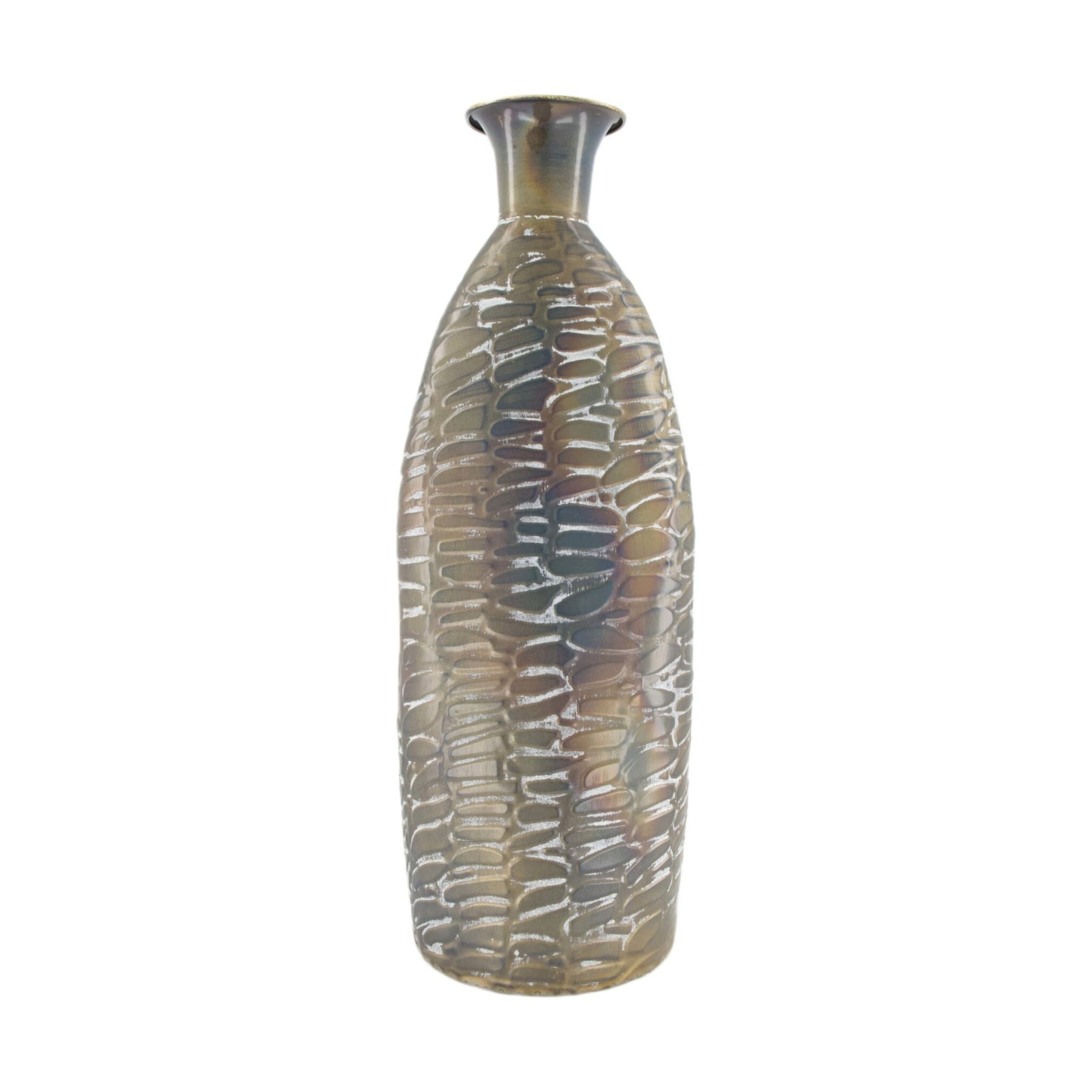Metalen fles met reliëf slangmotief, goudkleurig met donkere accenten, 54 cm hoog