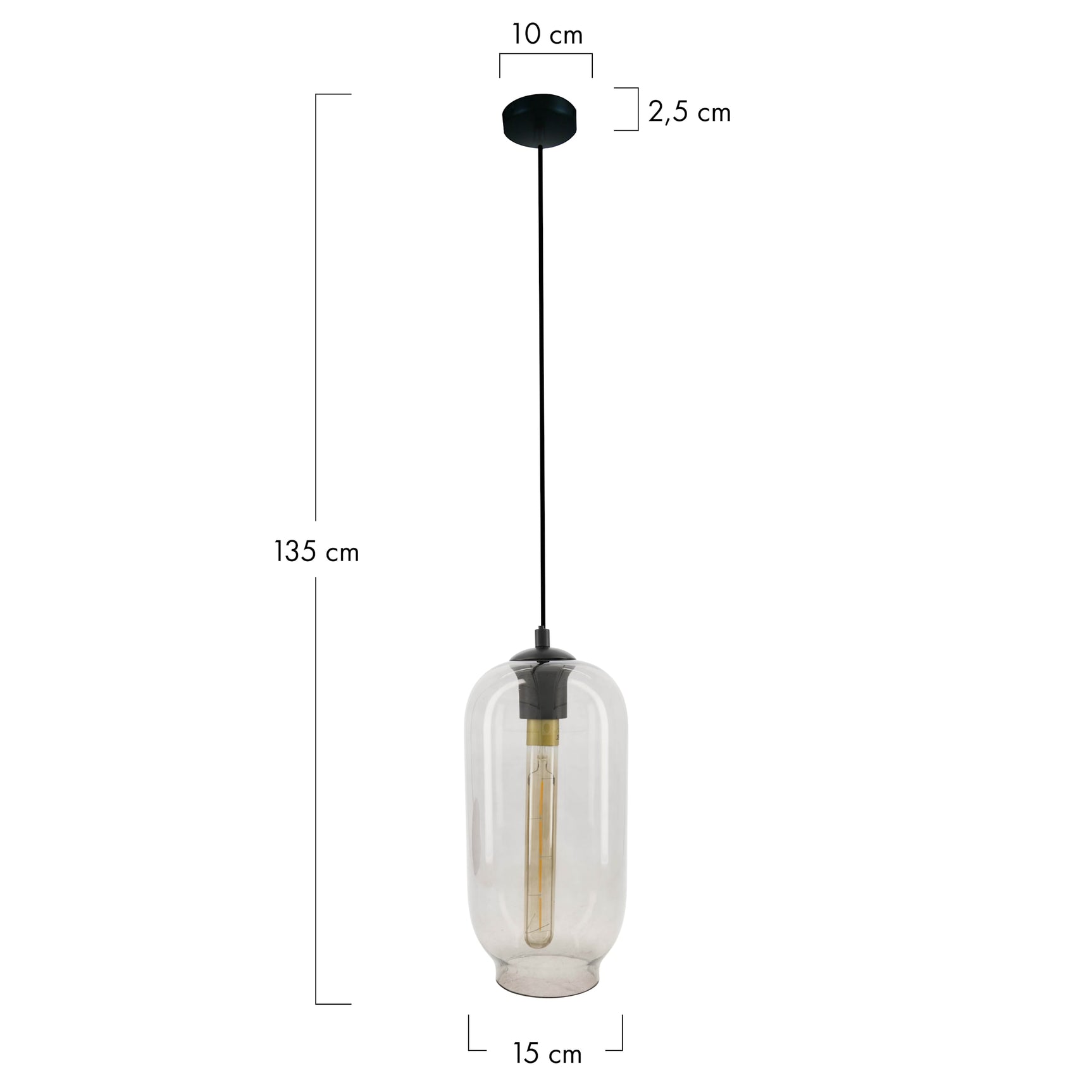 Hanglamp met glazen cilinderkap en blootgestelde lamp in zwart snoer en plafondplaat