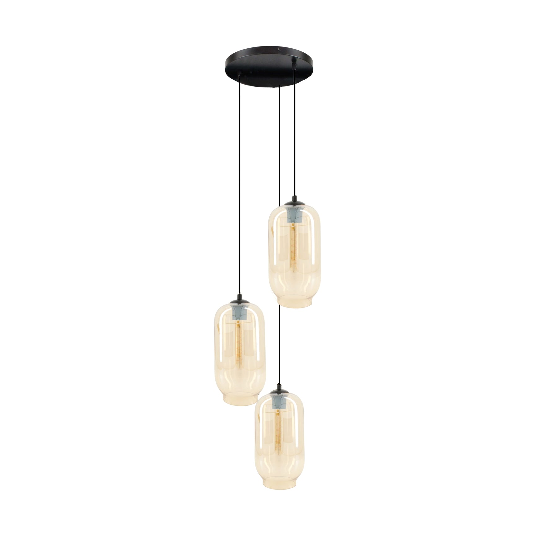Hanglamp met drie glazen bollen, zwarte plafondplaat en metalen ophanging.