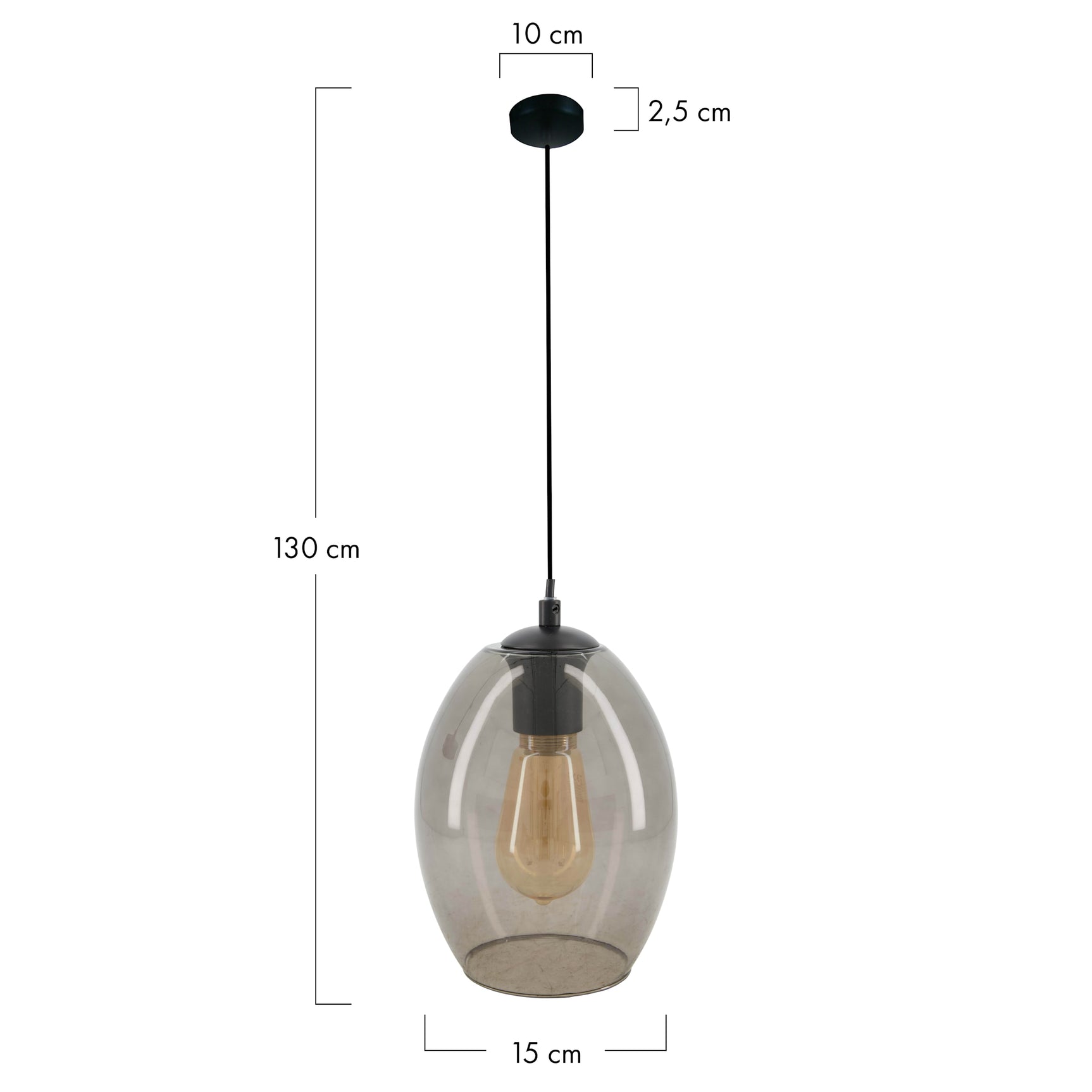 Hanglamp met ovale glazen kap, zichtbare gloeilamp en zwarte plafondplaat