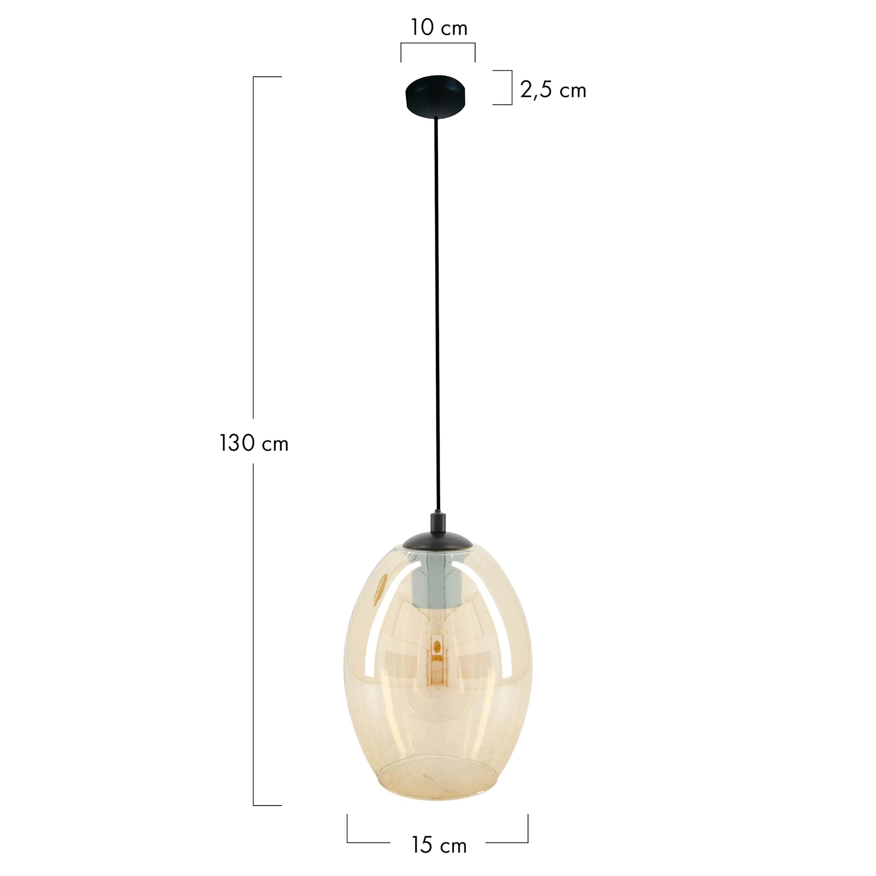Hanglamp met ronde zwarte fitting en amberkleurige glaskap, 15 cm breed, 130 cm lang