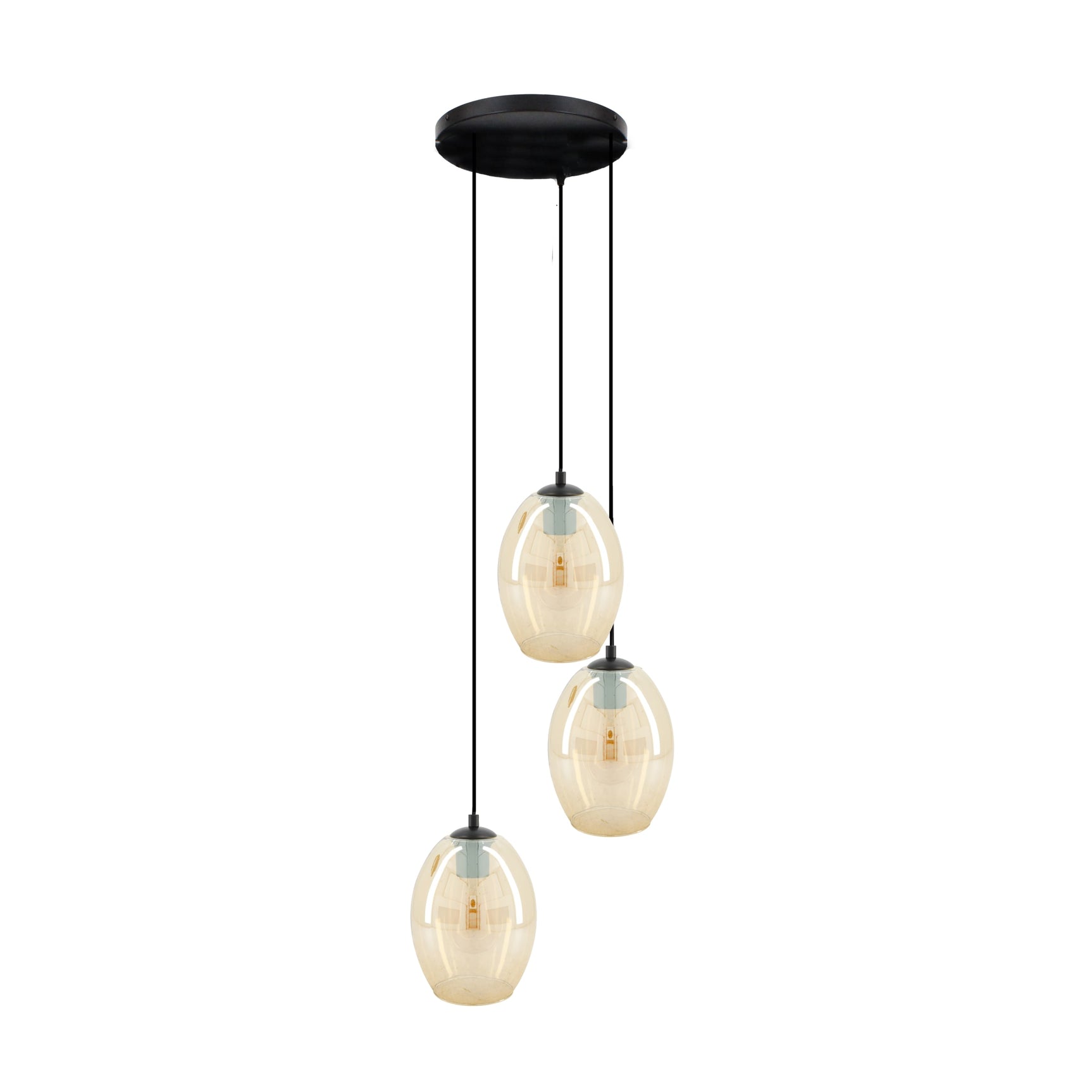 Hanglamp met drie glazen bollen, zwarte plafondkap en transparante snoeren.