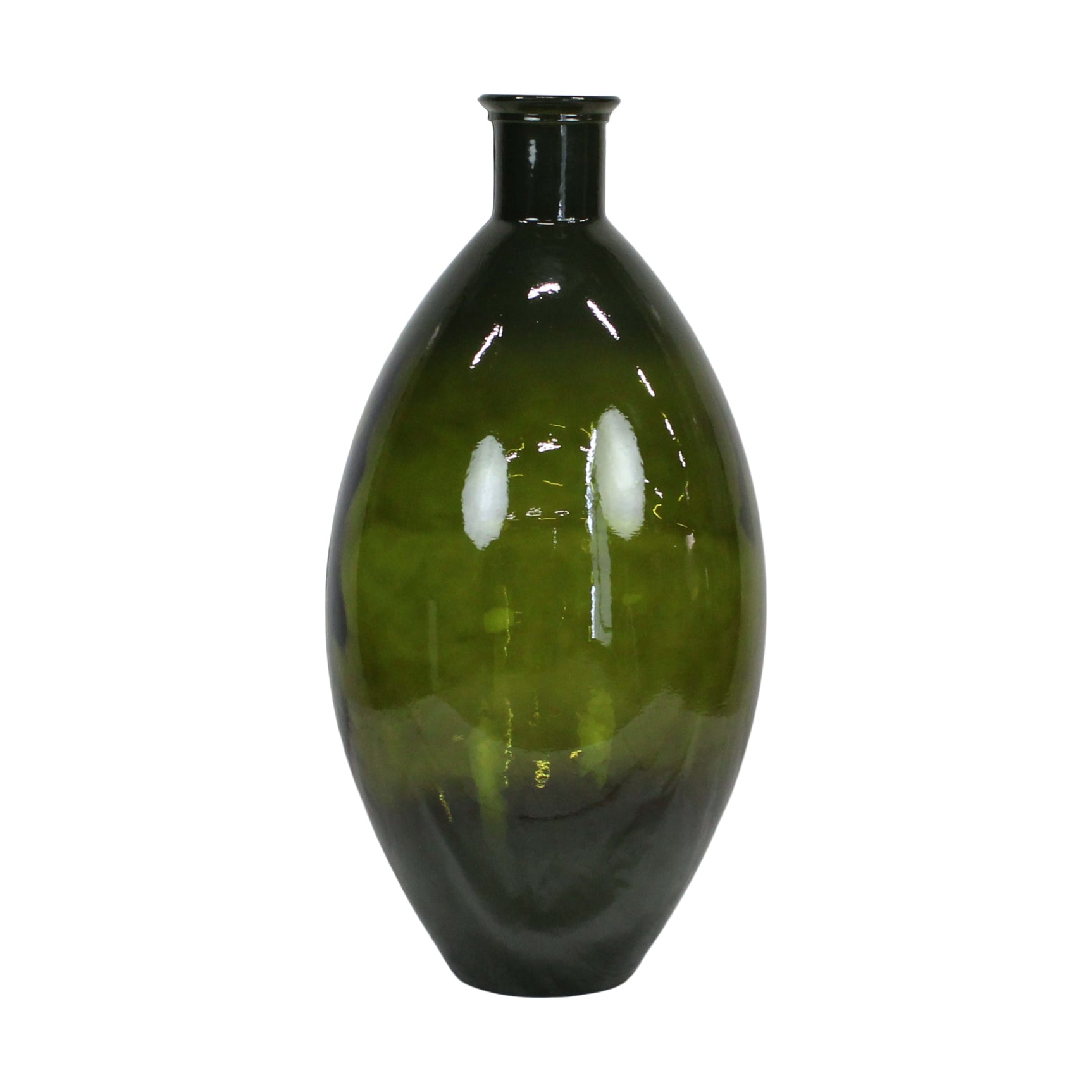 Fles van gerecycled groen glas met ronde buik en smalle hals