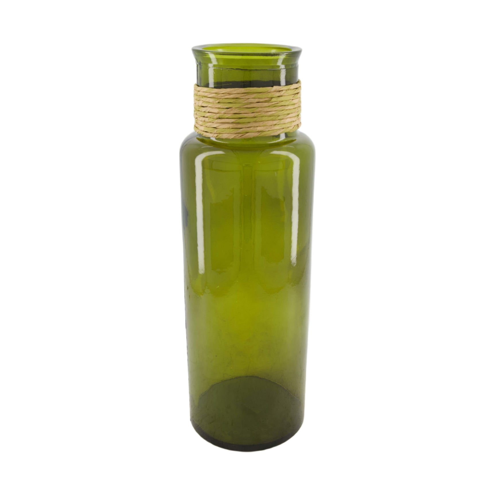 Gerecyclede glazen vaas met raffia omwikkeling, groene flesvorm