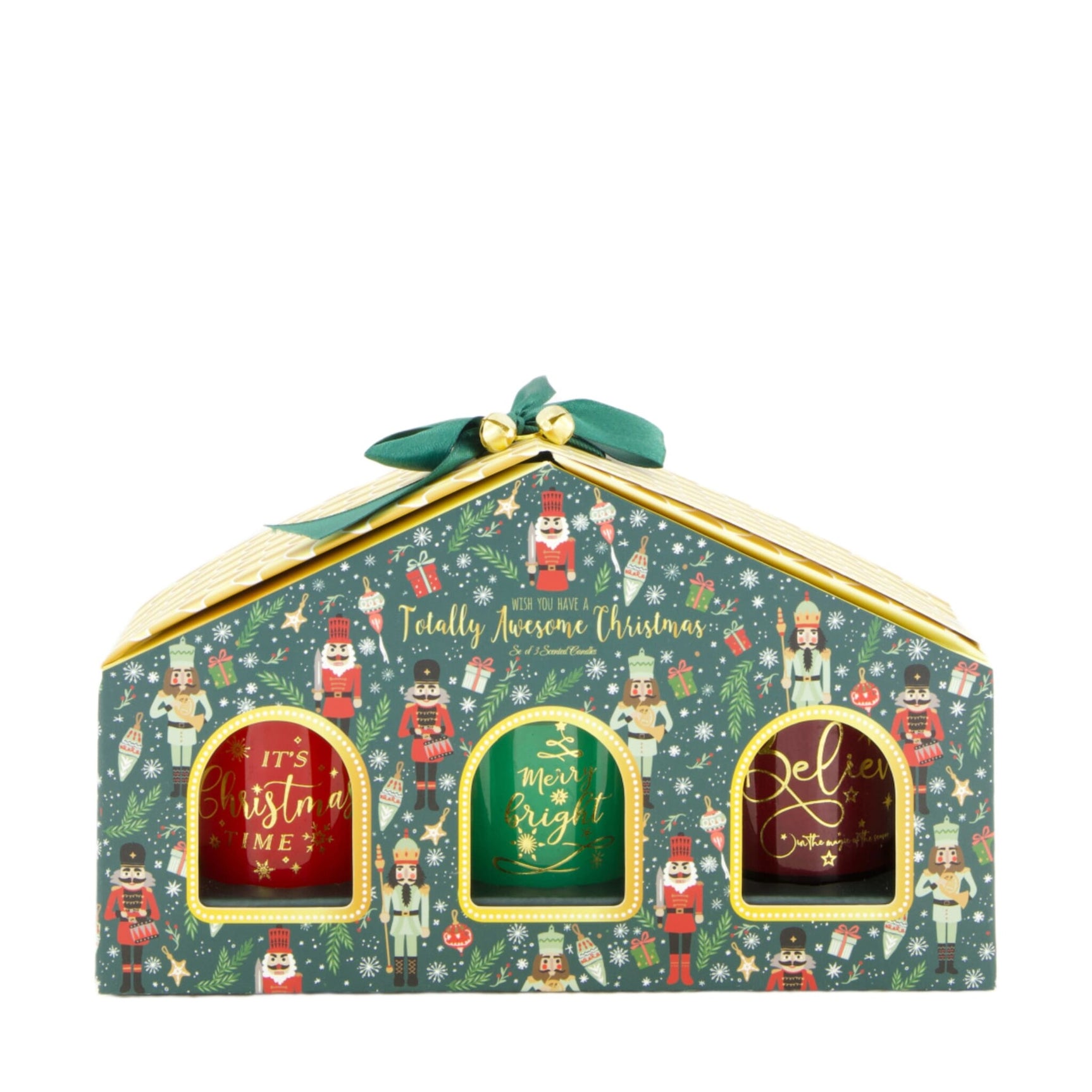 Kersthuis kaarsenset: groen huis met kerstfiguren, gouden rand, strik