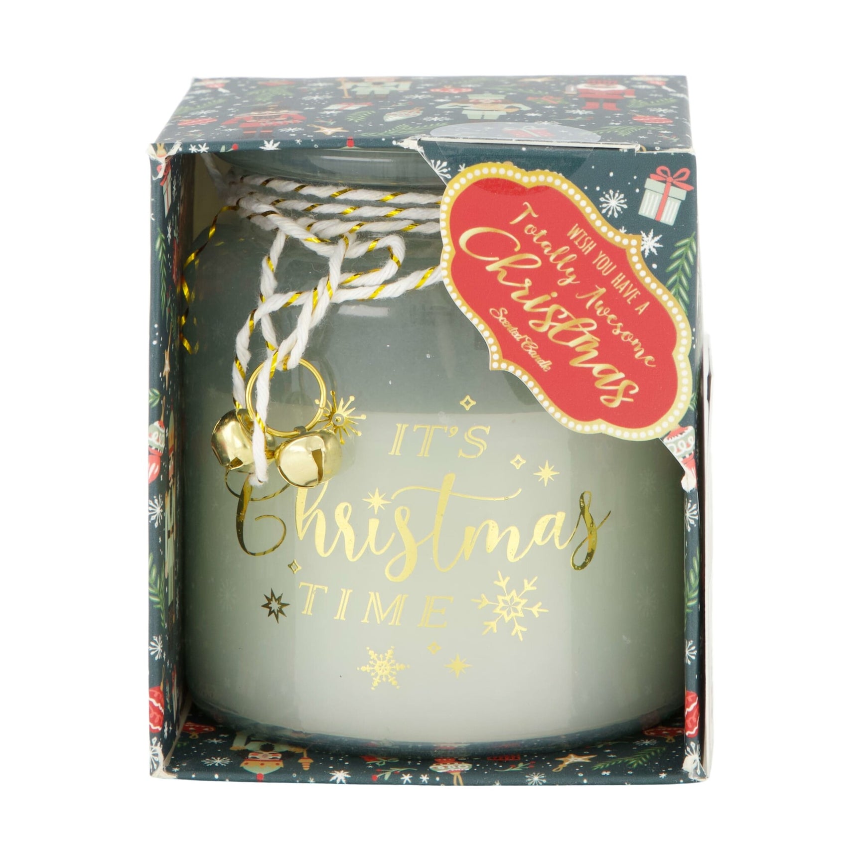 Groene kerstkaars in decoratieve geschenkdoos met kerstillustraties