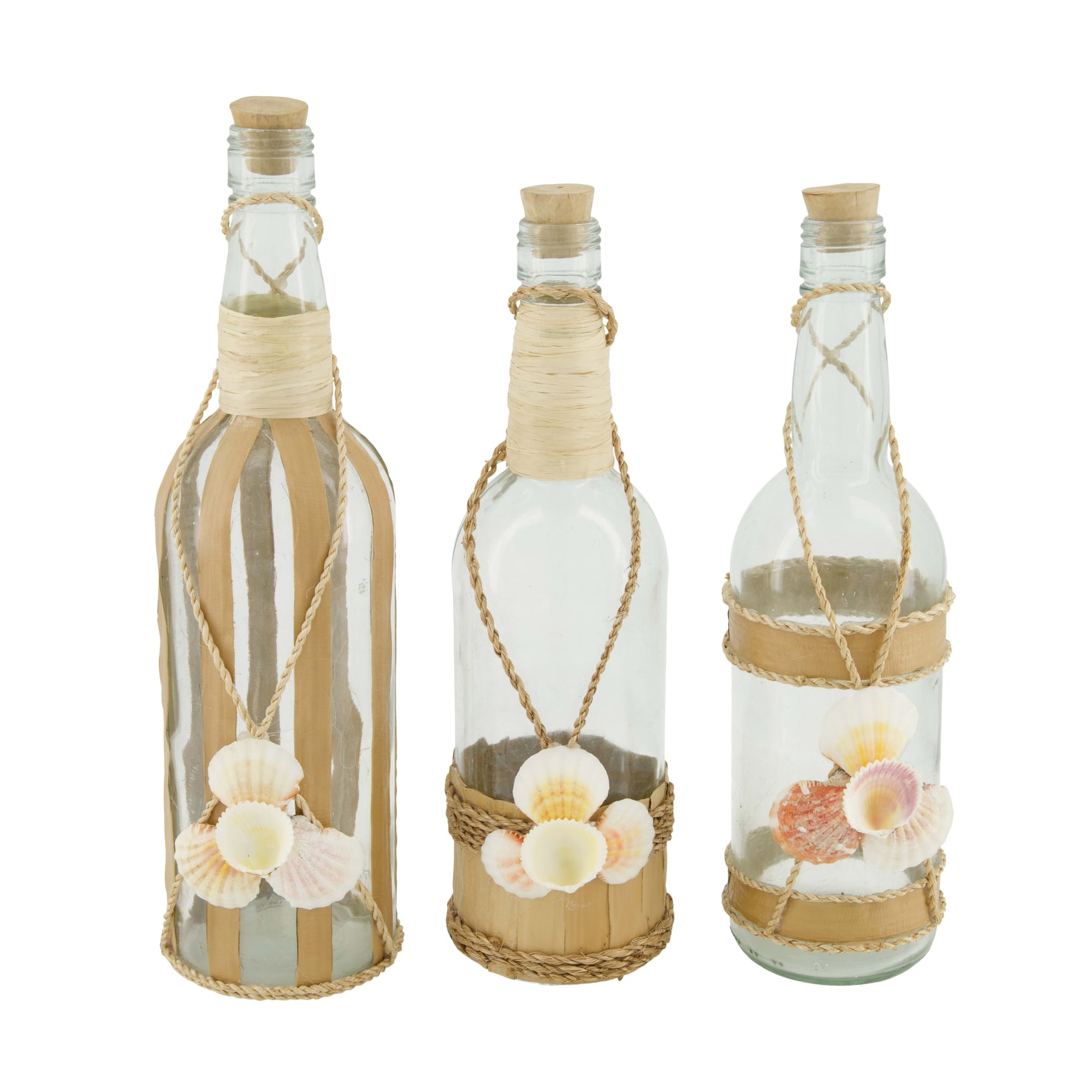 Decoratieve glazen flessen met kurk, touw en schelpenversiering, set van 3