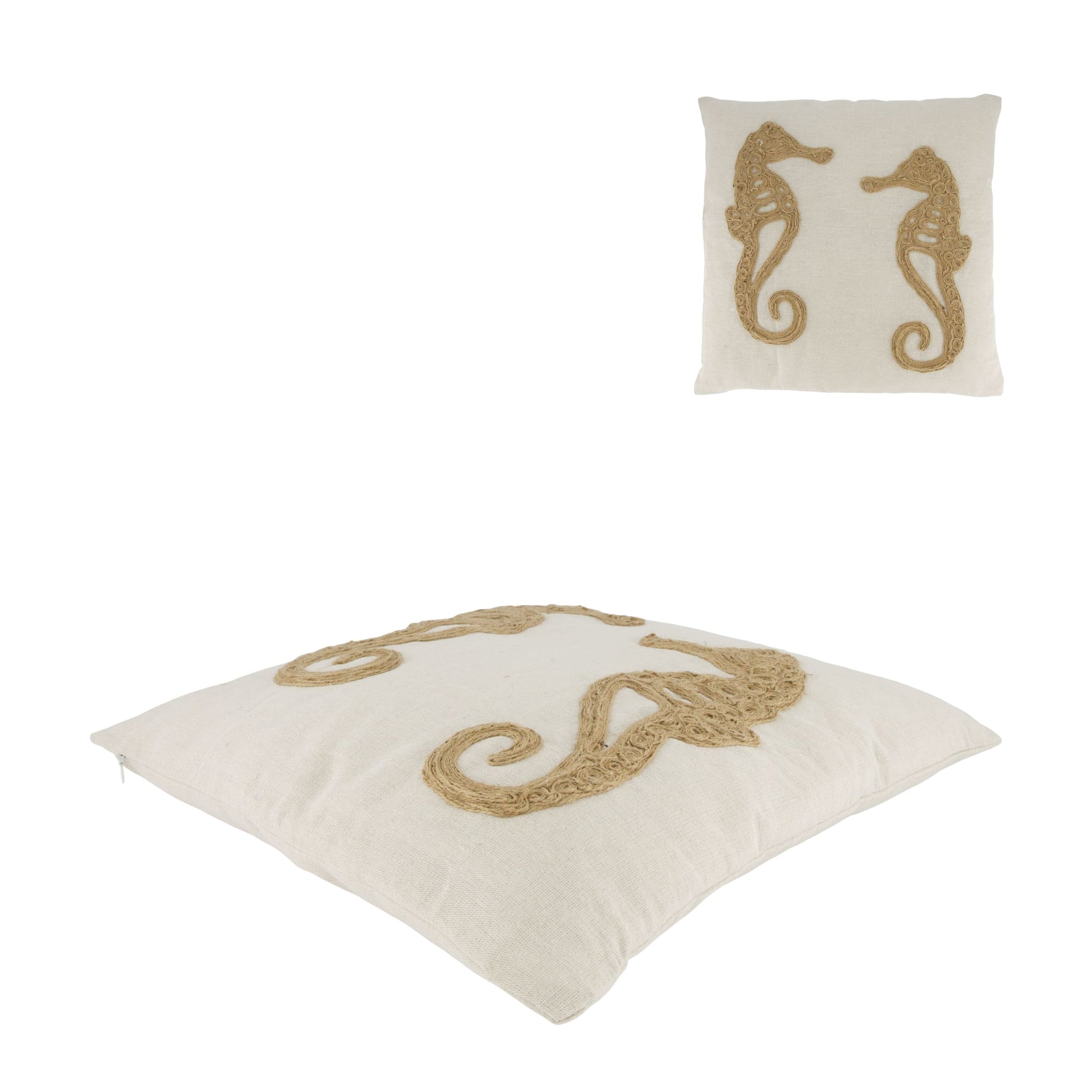 Jute kussen met geborduurd zeepaardje, beige kussenhoes