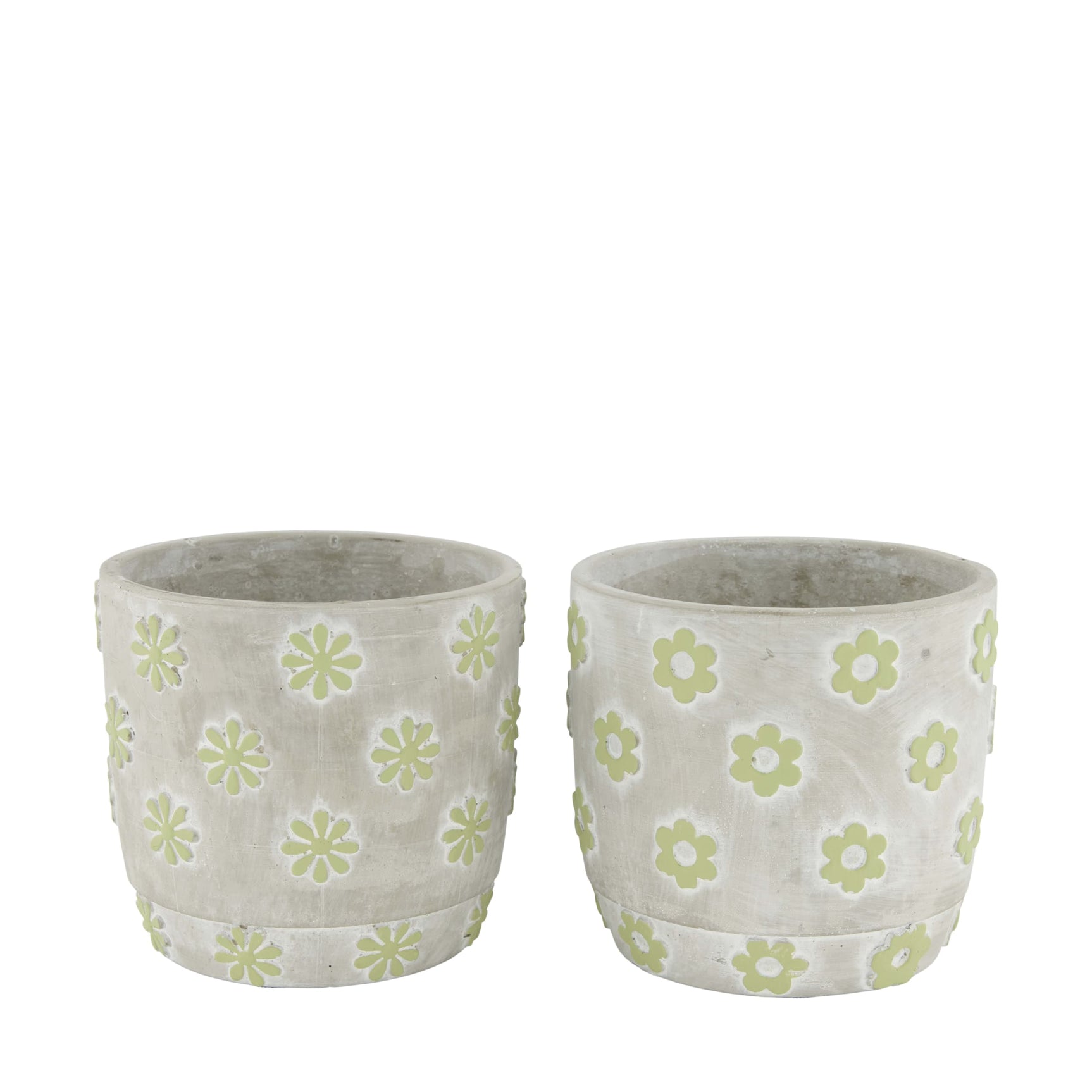 Keramische bloempot met bloemprint, lichtgrijze tint en groene bloemen, set van twee