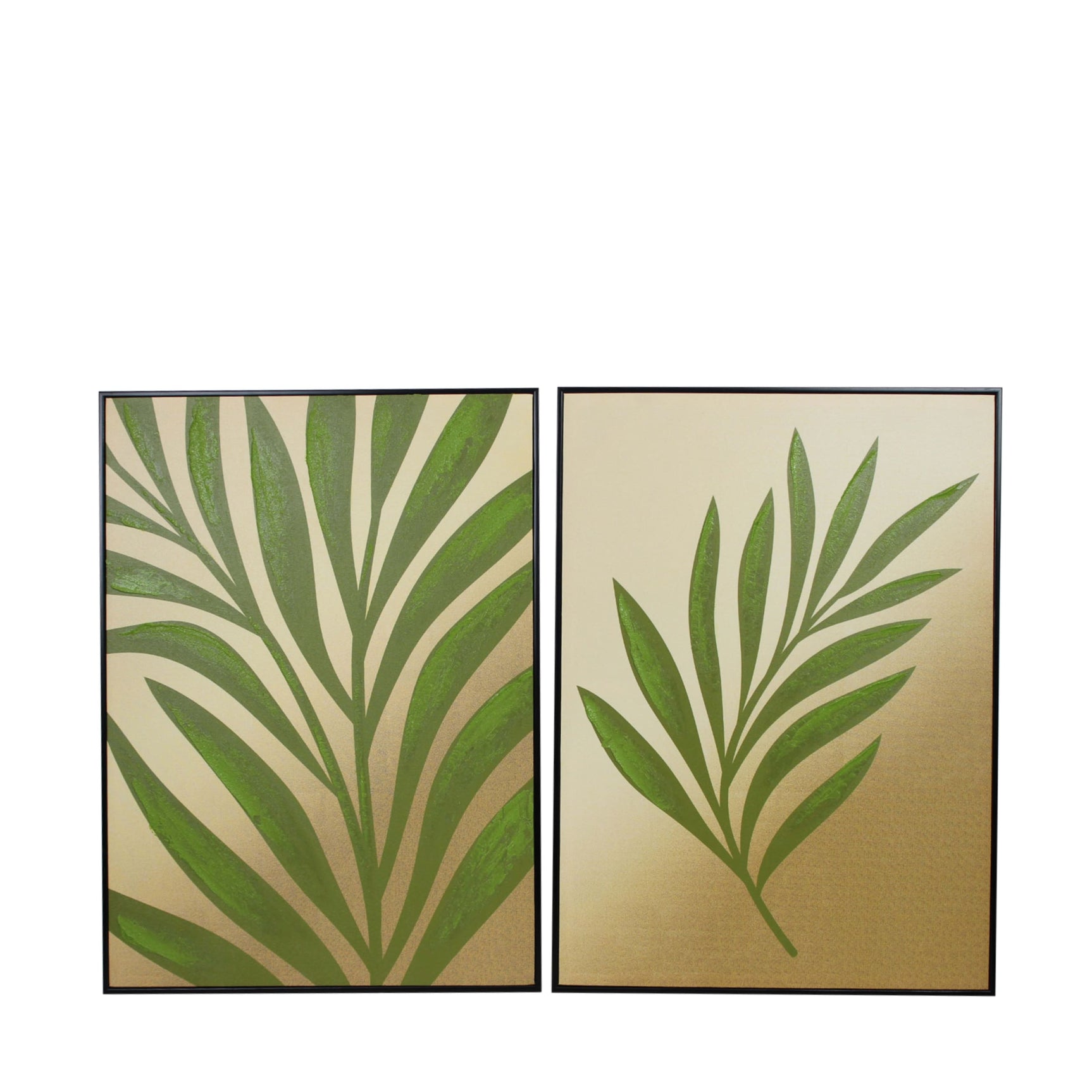 Wanddecoratie van linnen met twee vierkante prints van groene bladeren