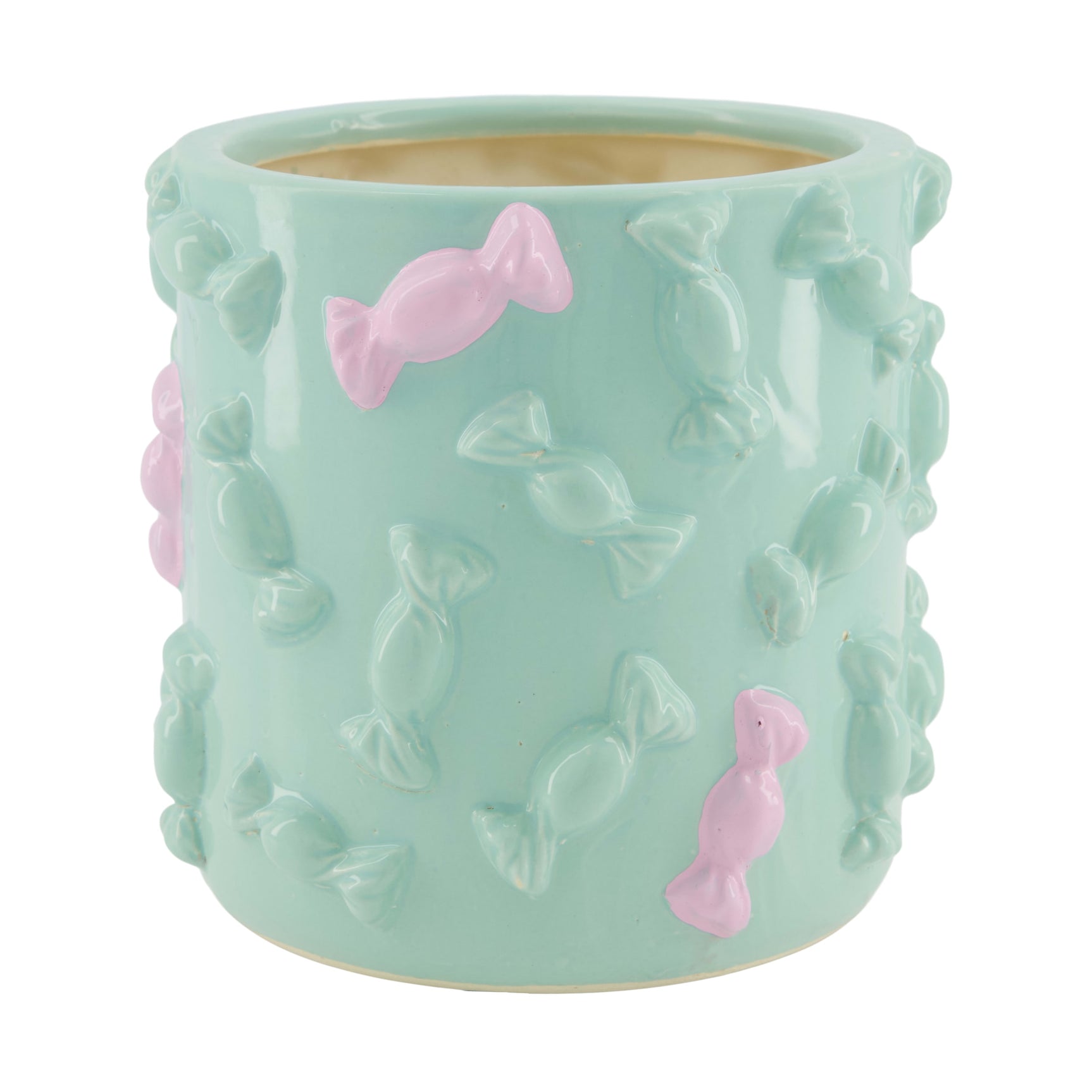 Keramische plantenbak met mintgroene glazuur en roze visjes